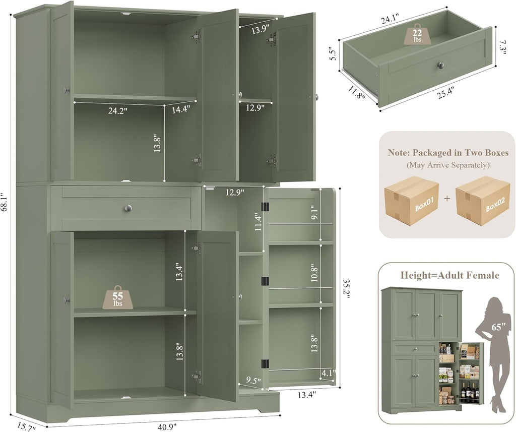 HOSTACK 68' Tall Kitchen Pantry Storage Cabinet, Modern Kitchen Hutch Cabinet with Doors and Shelves, Freestanding Food Pantry with Large Storage Drawer for Dining Room, Living Room, Green