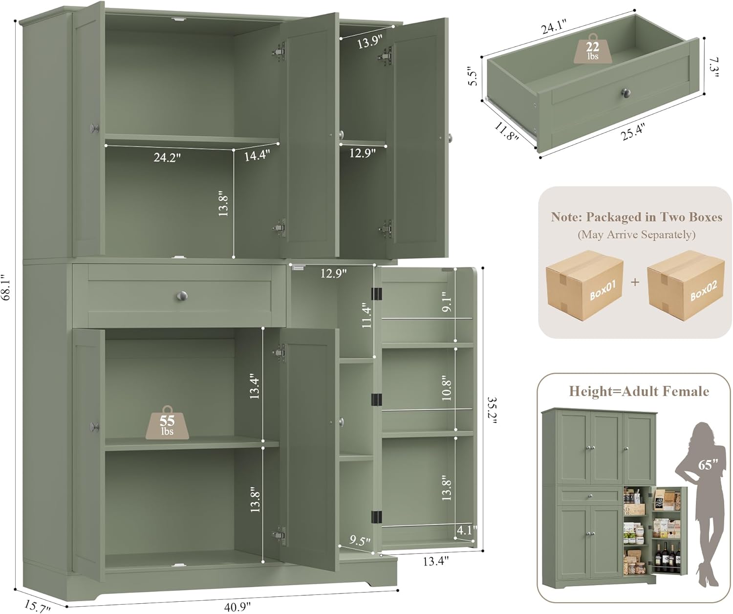 HOSTACK 68' Tall Kitchen Pantry Storage Cabinet, Modern Kitchen Hutch Cabinet with Doors and Shelves, Freestanding Food Pantry with Large Storage Drawer for Dining Room, Living Room, Green