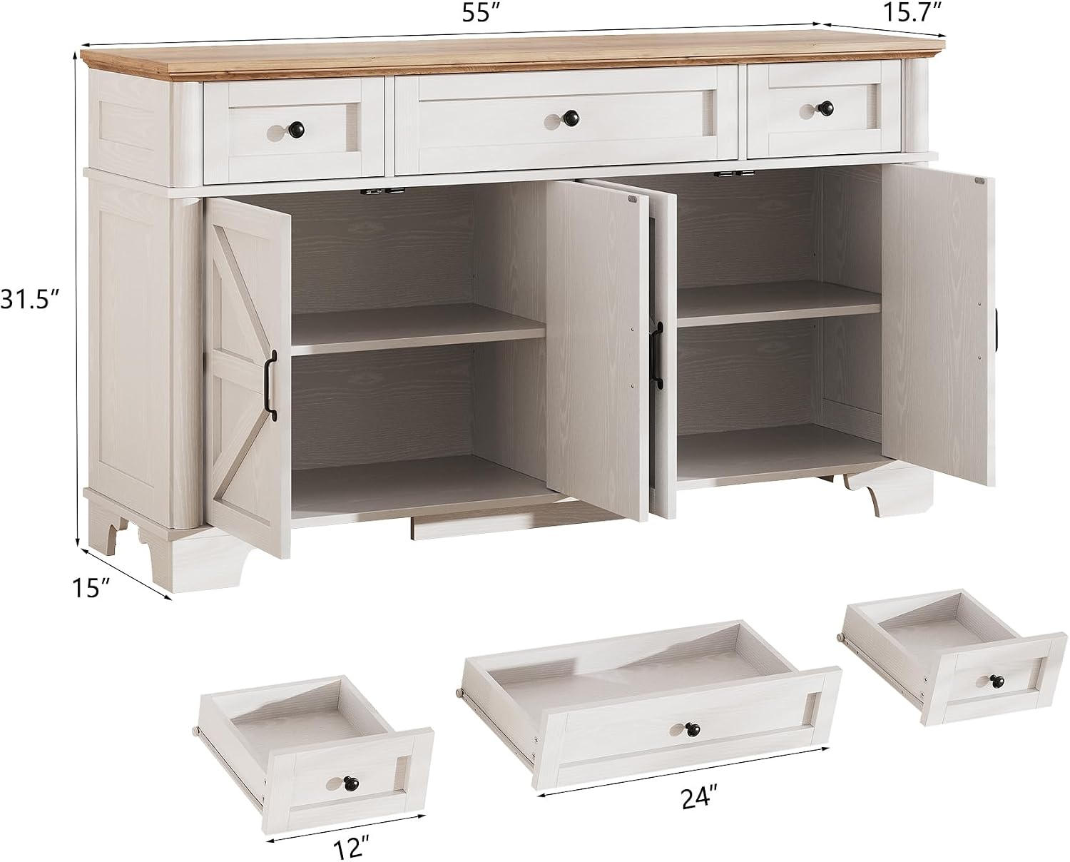 BestHaped Farmhouse Buffet Cabinet with Storage, 55 Inch White Sideboard Buffet Cabinet with Adjustable Shelves & 3 Drawers, Buffet Table Coffee Bar Wine Bar Storage for Kitchen & Living Room