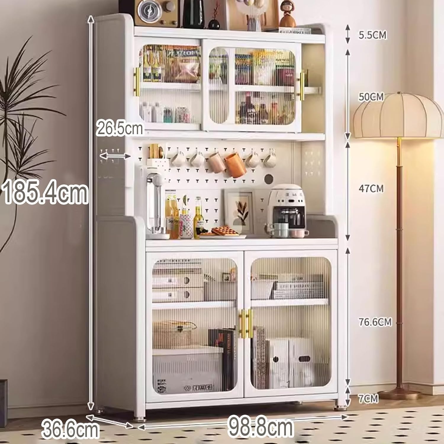 Microwave Stand with Storage Cabinet White Available in Carbon Steel Bread Rack Coffee Station Microwave Rack Storage Rack for Dishes Wine Pots(Size:98.8 * 36.6 * 185.4cm)