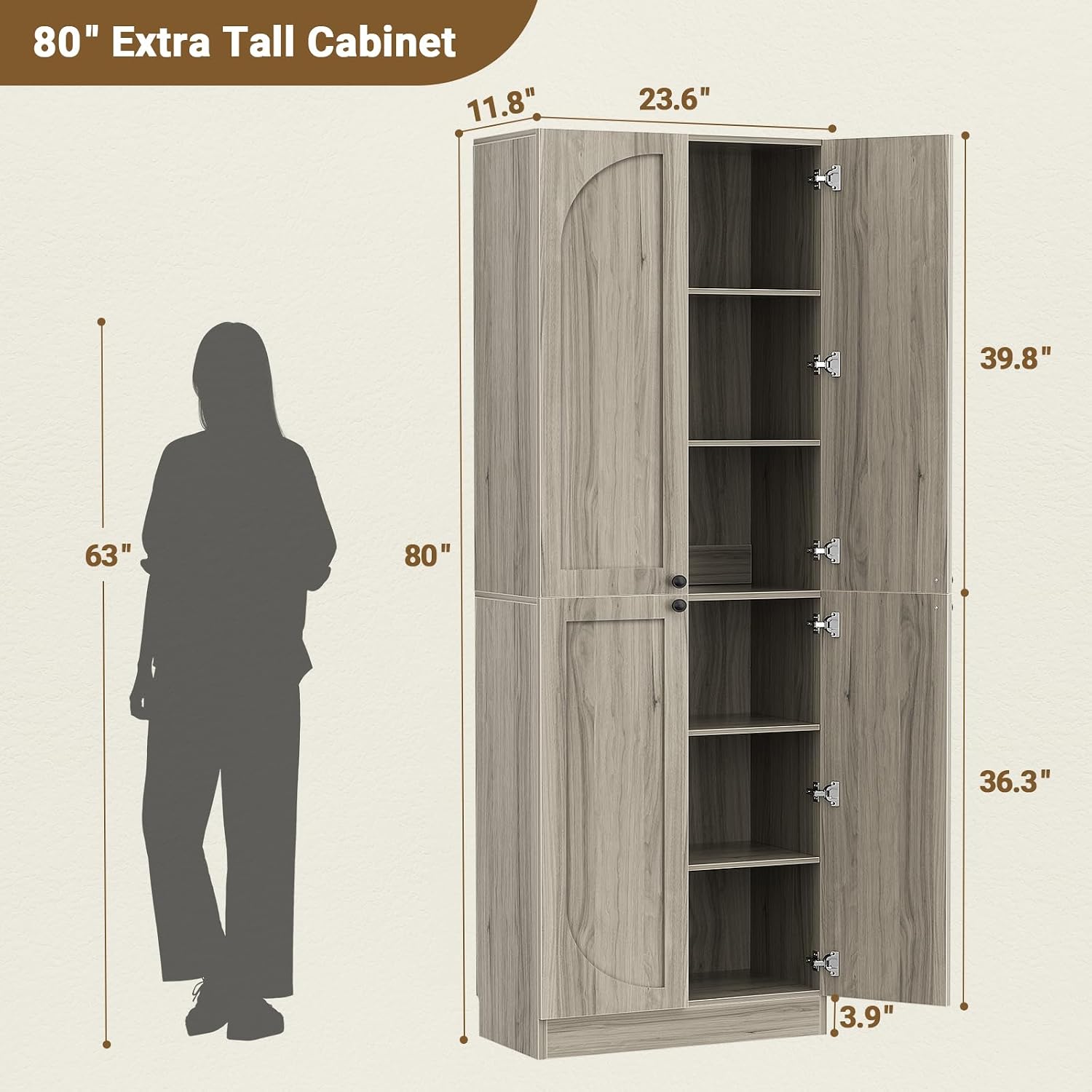 Cyclysio 80' Kitchen Pantry, Extra Tall Arch Storage Cabinet with 4 Soft Close Doors and Adjustable Shelves, Freestanding Wood Cupboard with Seamless Fit Wall for Dining Living Room Bathroom Furniture