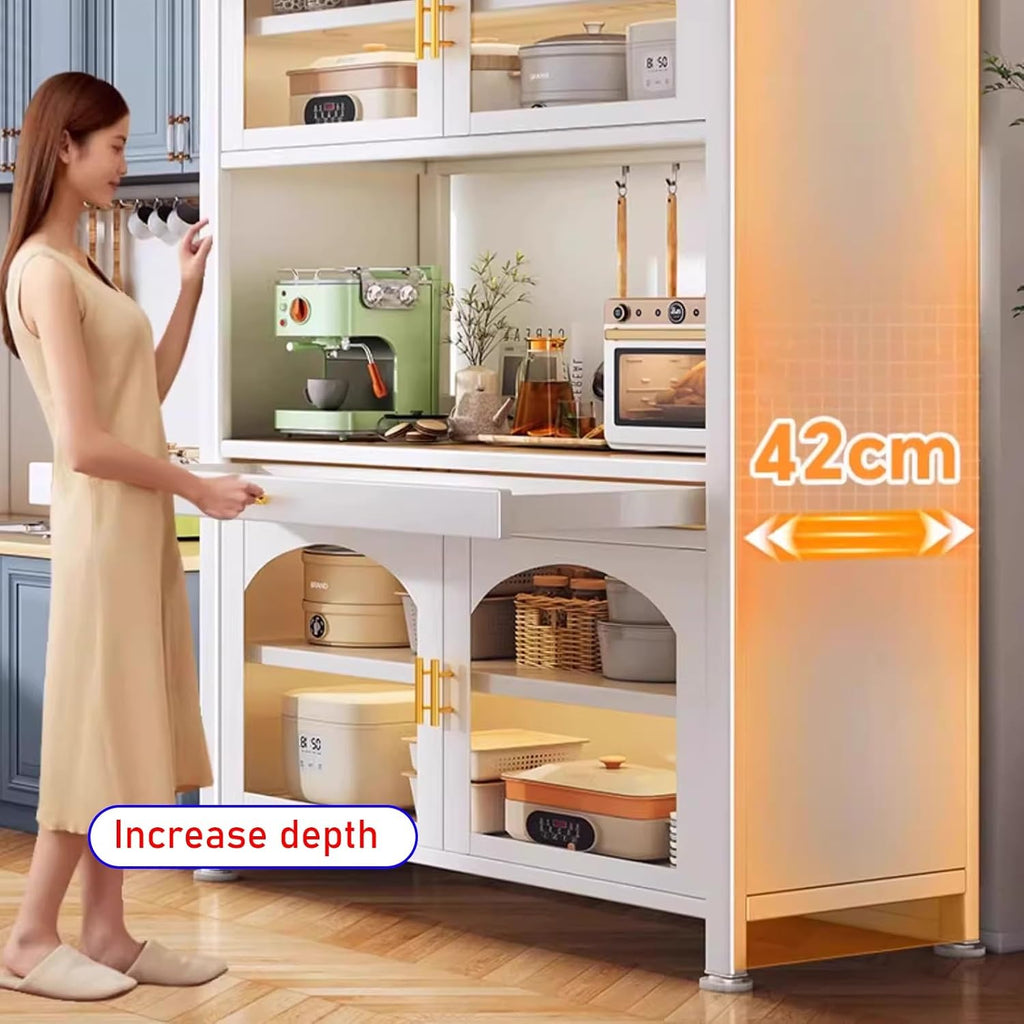 JKGHK Kitchen Pantry Cabinet Buffet with Drawer Storage, 72.8in Microwave Stand with 3 Adjustable Levels, Standing Bakers Racks with Glass Doors, for Dining Room(White,80cm/31.4in)
