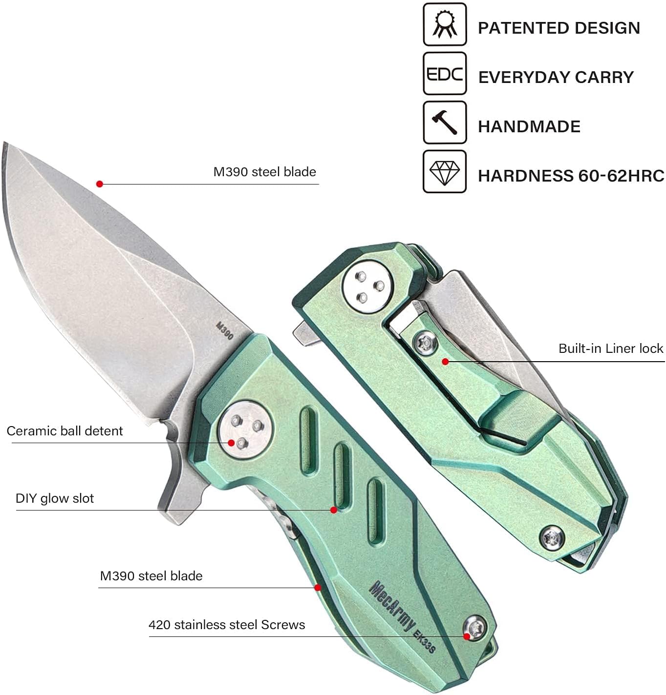 MecArmy EK33S Titanium Mini Folding Knife, Pocket Knife with Liner Lock and M390 Blade, Smooth Manual Opening, Small EDC Tool with Keychain Sheath and Gift-Ready Packaging (Green)