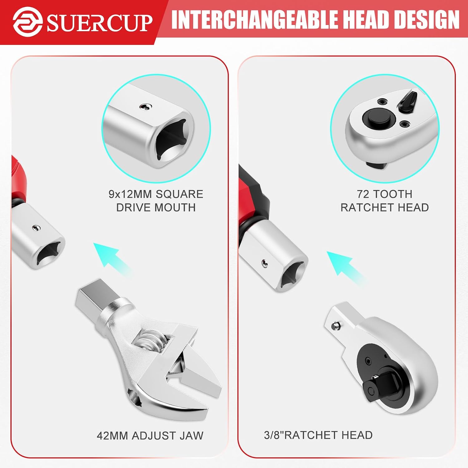 SUERCUP 9x12 mm Adjustable Digital Torque Wrench, 0.66-44.29Ft.Lb/0.9-60N.m | Interchangeable Open End Head 42mm Jaw & 3/8' Ratchet, Vibration/Buzzer/LED Alert, for Split AC, HVAC, Bike & Moto Repair