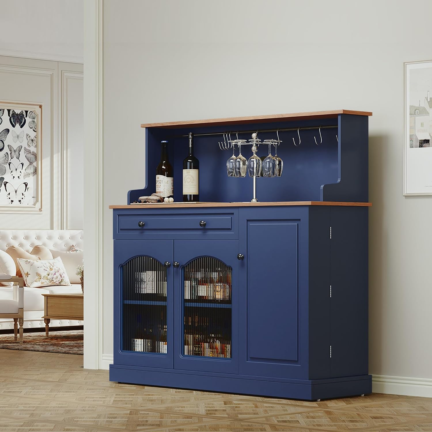ARTPOWER Farmhosue Coffee Bar Cabinet with Hutch - 48' Modern Buffet Cabinet with Drawer Storage and Glass Doors,Wine Bar Table with Adjustable Shelves for Living Dining Room,Blue