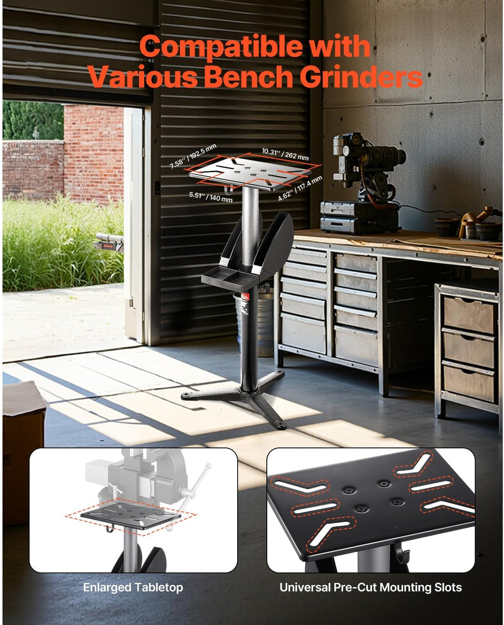 Happybuy Adjustable Bench Grinder Stand – 5-Level Height Pedestal with 12x10 Mounting Plate, Cast Iron Base & Grinding Wheel Storage Compartment