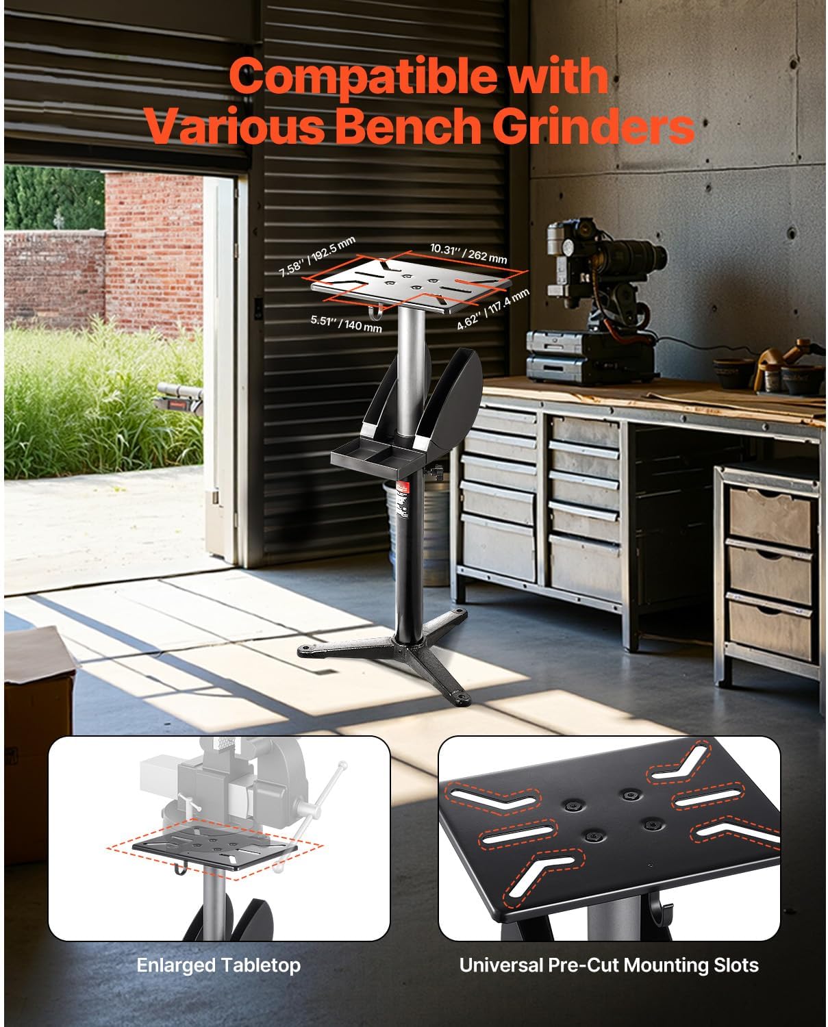 Happybuy Adjustable Bench Grinder Stand – 5-Level Height Pedestal with 12x10 Mounting Plate, Cast Iron Base & Grinding Wheel Storage Compartment