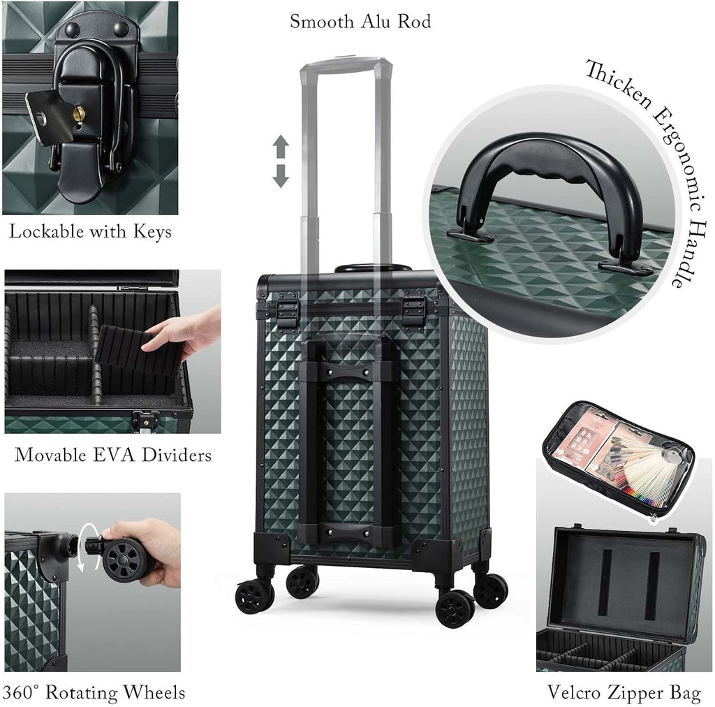 Professional Rolling Makeup Train Case with Drawers, Makeup Case on Wheels, Nail Tech Rolling Cart Storage Organizer Trolley Make up Case for Travel Makeup/Nail Art/Hair Styling, Dark Green