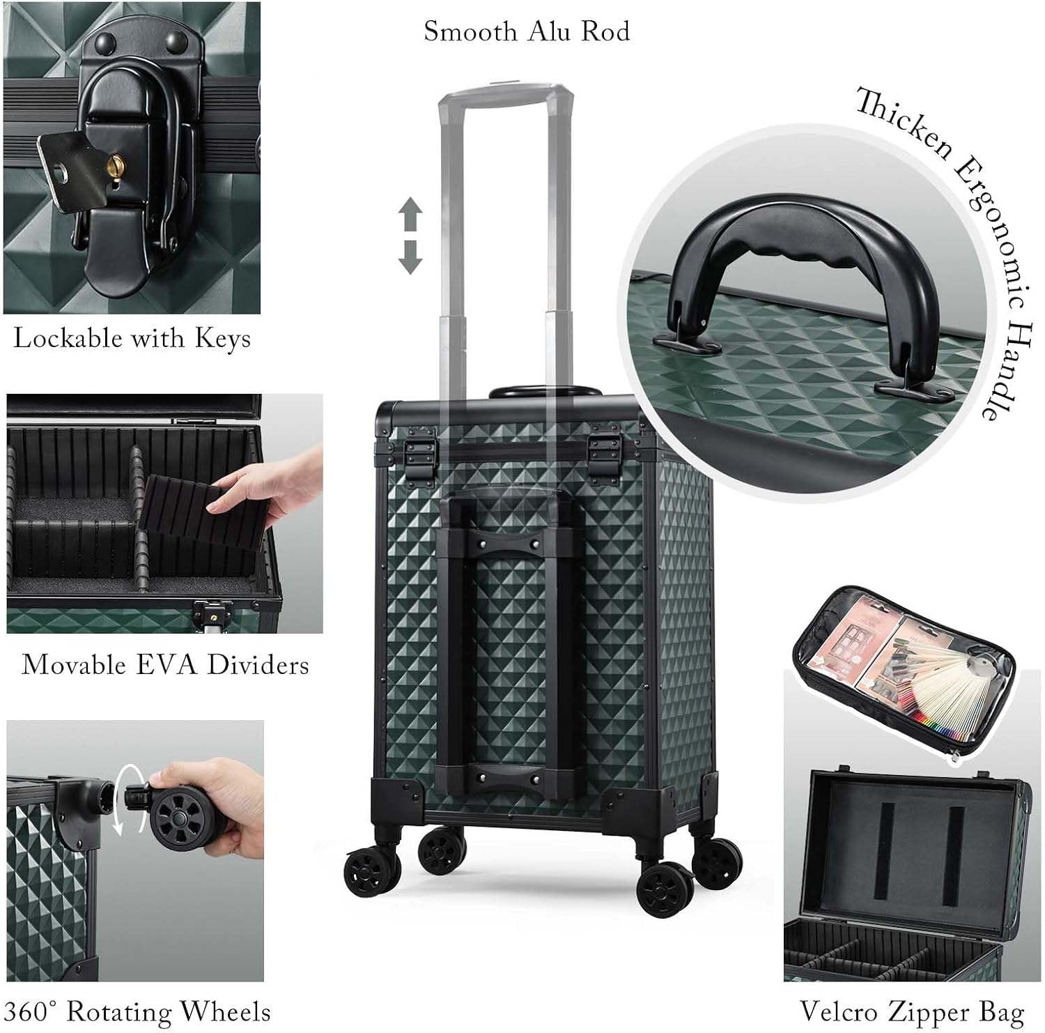 Professional Rolling Makeup Train Case with Drawers, Makeup Case on Wheels, Nail Tech Rolling Cart Storage Organizer Trolley Make up Case for Travel Makeup/Nail Art/Hair Styling, Dark Green