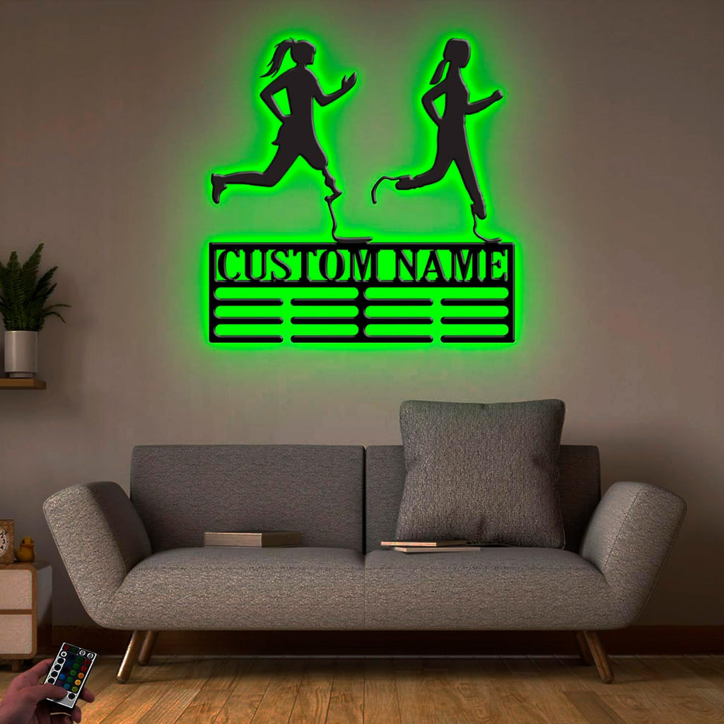 Custom Blades Running Medal Holder LED Light, Blade Runners Name Medal Hanger Display, Rack For Tiered Award Ribbon, Metal Sign Gift For Athlete Artwork