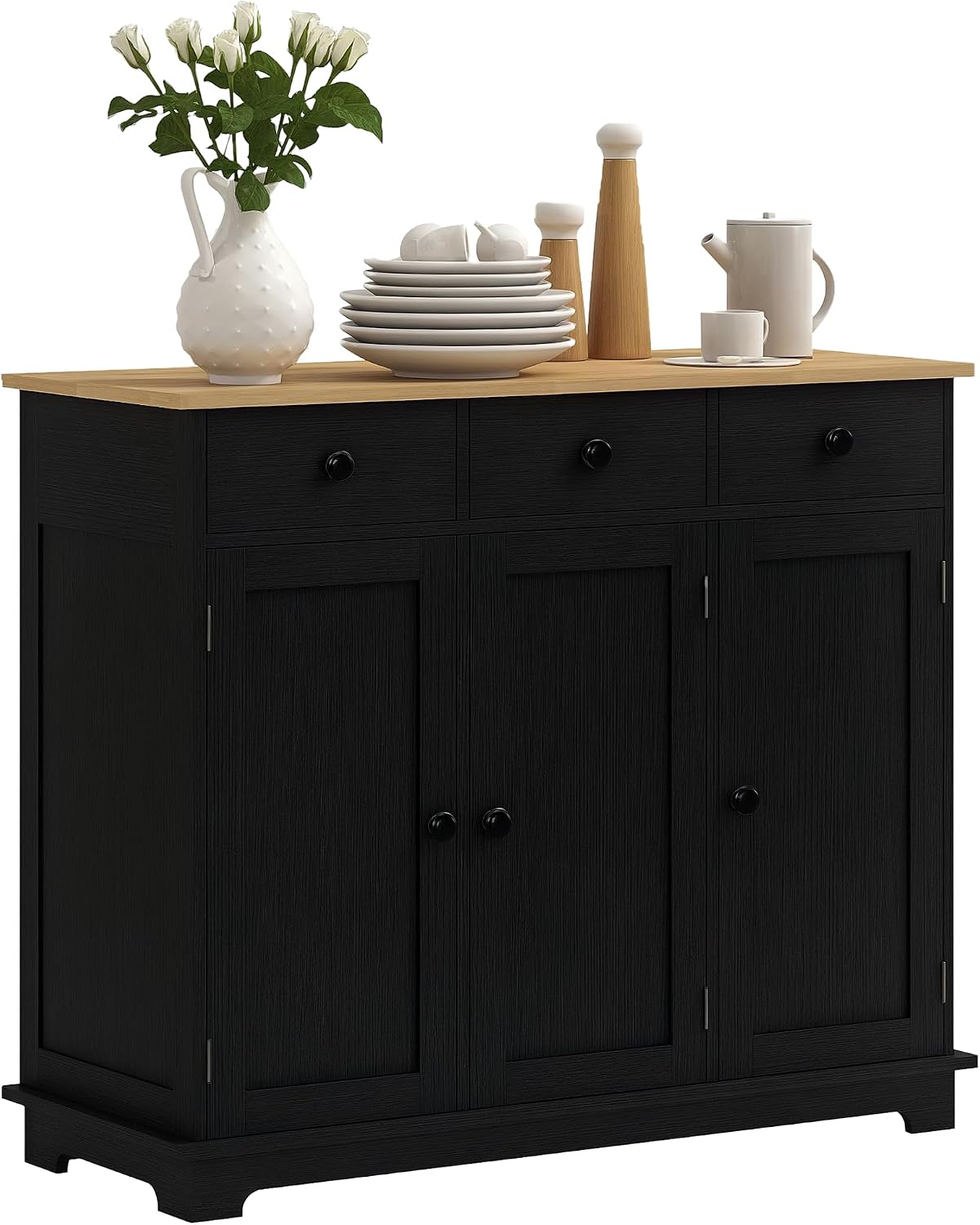 HOMCOM Sideboard Buffet Cabinet with Solid Wood Countertop, Modern Kitchen Storage Cabinet, Coffee Bar Cabinet with 3 Drawers, Doors and Adjustable Shelf, Distressed Black