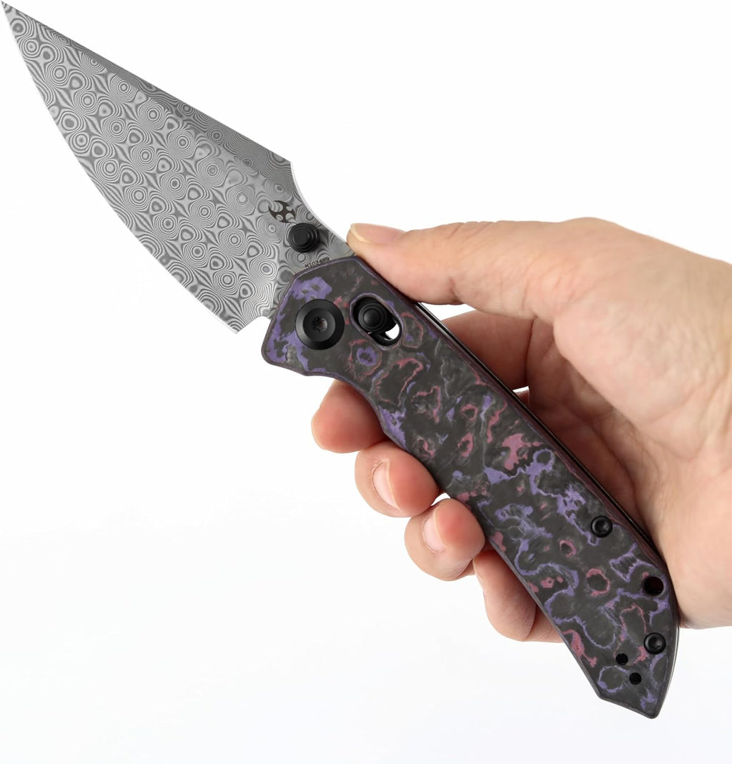 KANSEPT Fenrir Pocket Knife, 3.48'' Damascus Harpoon Blade, Purple Haze Fatcarbon Handle with Crossbar Lock, Thumb Stud Deep Clip for Edc, Camping Survival Hiking Folding Knives K1034V9