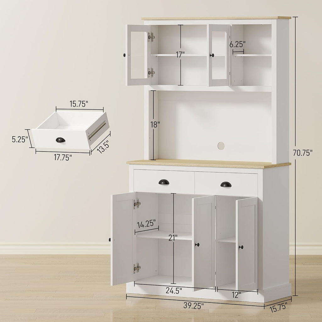 HOMCOM Kitchen Pantry Storage Cabinet with Microwave Stand, 71' Modern Kitchen Hutch with Open Countertop, Glass Doors, Storage Drawers and Adjustable Shelves for Dining Room, Coffee Bar, White