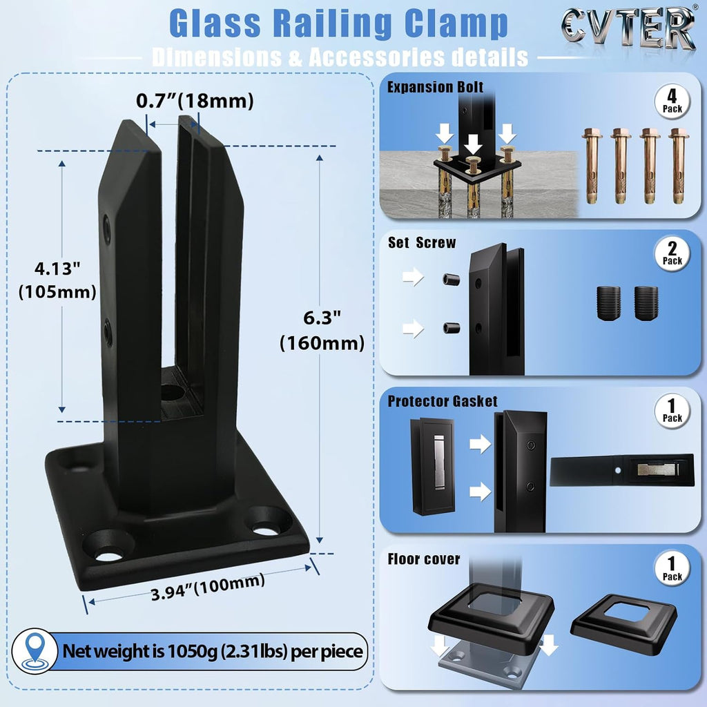 Black Glass Railing Spigot, 10 Pack, Heavy Duty Glass Clamp Post, 304 Stainless Steel Railing System for Stairs Balusters/Pool/Balcony/Patio/Deck (Net Weight 2.31lb)