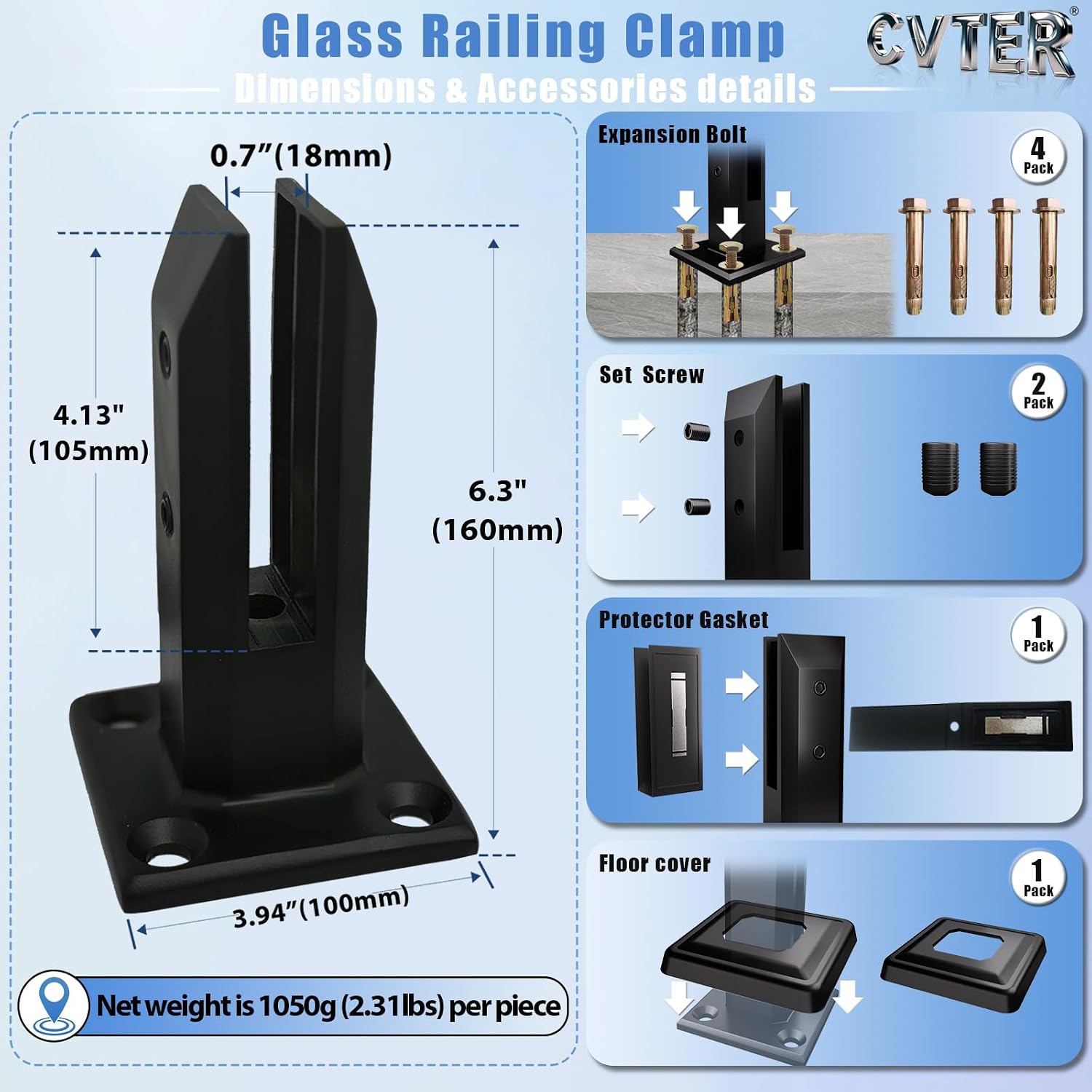 Black Glass Railing Spigot, 10 Pack, Heavy Duty Glass Clamp Post, 304 Stainless Steel Railing System for Stairs Balusters/Pool/Balcony/Patio/Deck (Net Weight 2.31lb)