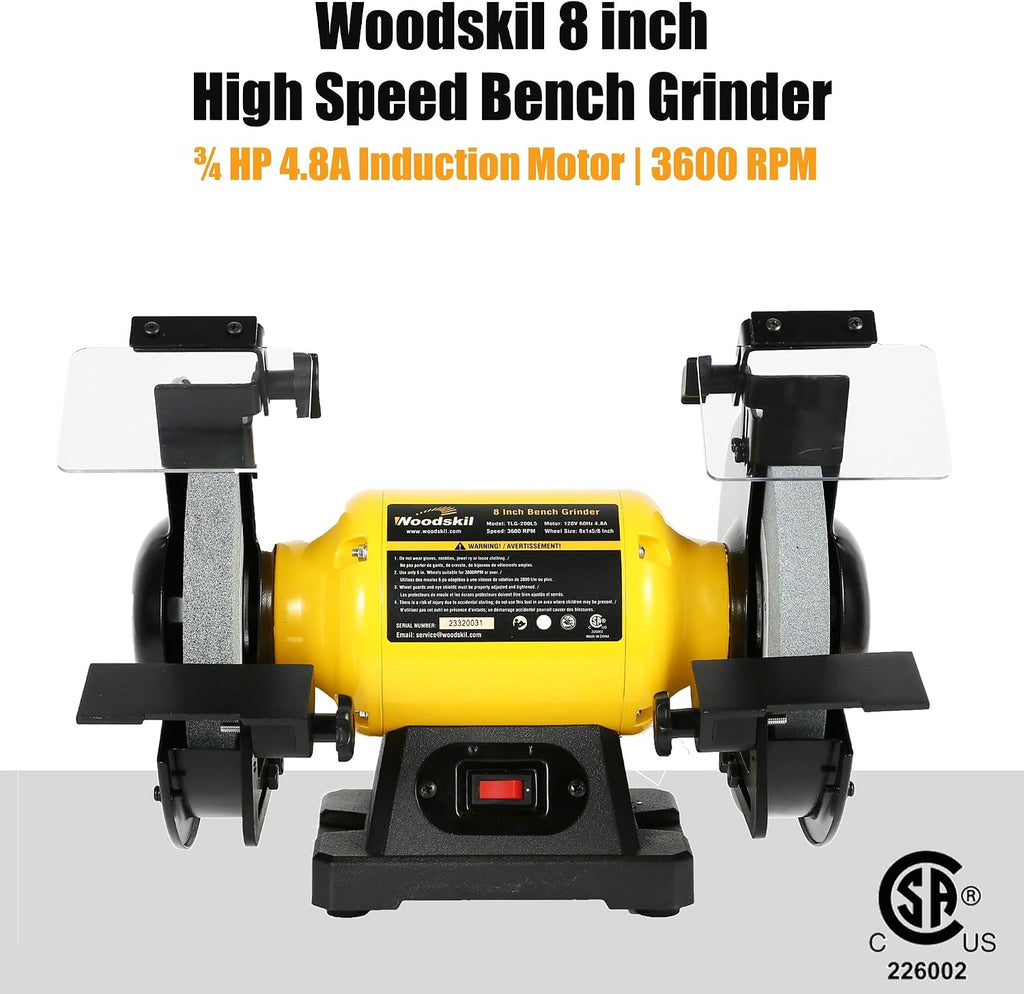 4.8A 3/4HP 8-Inch Bench Grinder, 3600rpm Table Grinder with Two Protective Eye Masks and Two Grinding Wheels Multipurpose Grinders for Metal, Knife, Dental, Amber, Jewelry, Jade