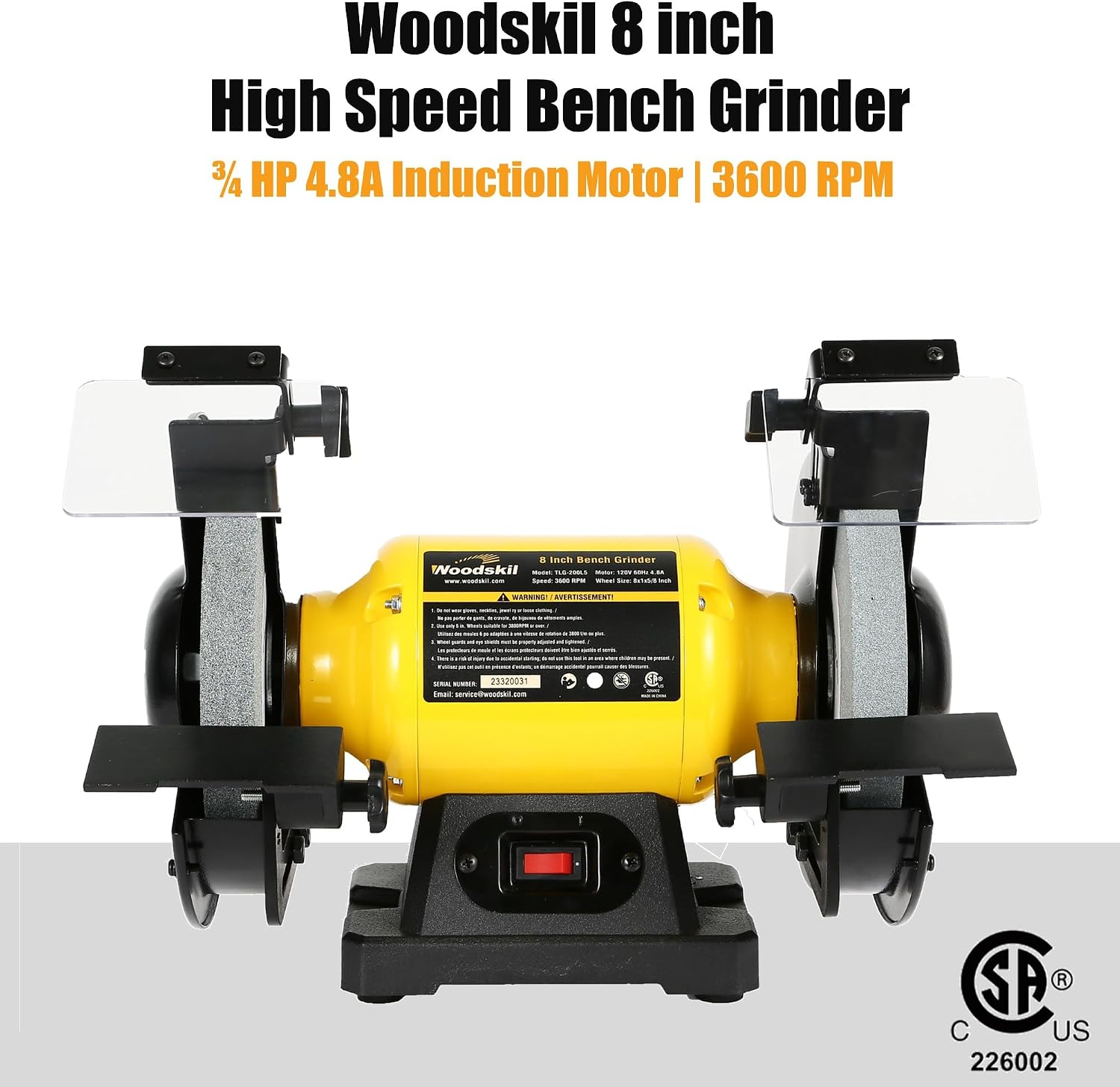 4.8A 3/4HP 8-Inch Bench Grinder, 3600rpm Table Grinder with Two Protective Eye Masks and Two Grinding Wheels Multipurpose Grinders for Metal, Knife, Dental, Amber, Jewelry, Jade