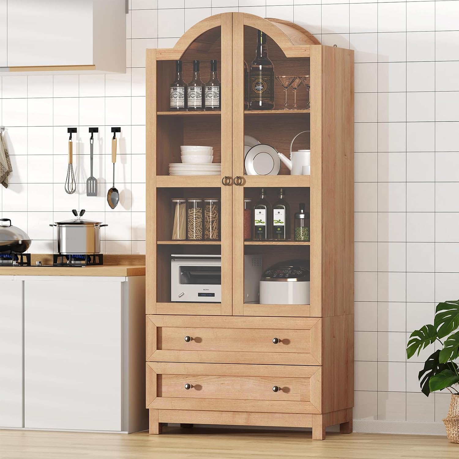 EasyCom 71 Tall Arched Cabinet, Farmhouse Wood Pantry Cabinet with 2 Large Drawers, 4-Tier Kitchen Storage Cabinet with Adjustable Shelf & Magnetic Clasp Doors for Living Room, Dining Room, Natrual