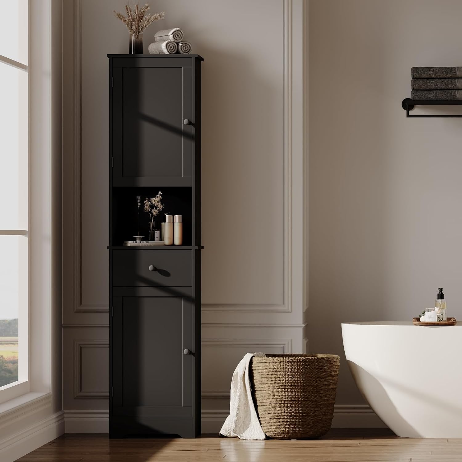 Viaozutis Tall Bathroom Cabinet, Storage Cabinet with 2 Doors & 2Drawer, with Ajustable Shelve, for Bathrooms, Kitchens,Entrances（Black）