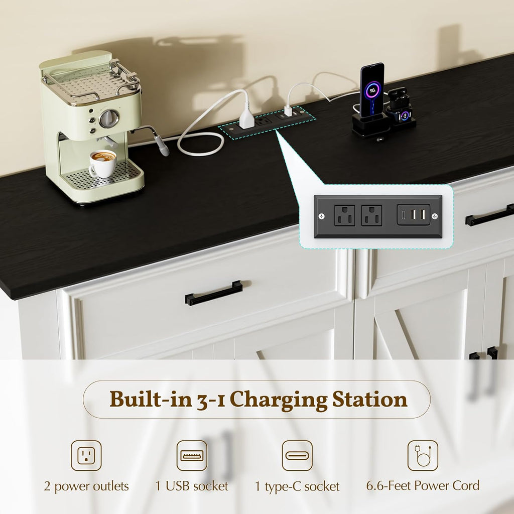 56' Modern Farmhouse Sideboard Buffet Cabinet with 4 Doors and 2 Drawers, Kitchen Storage Cabinet with Adjustable Shelves, Coffee Bar with Charging Station for Living Room, White