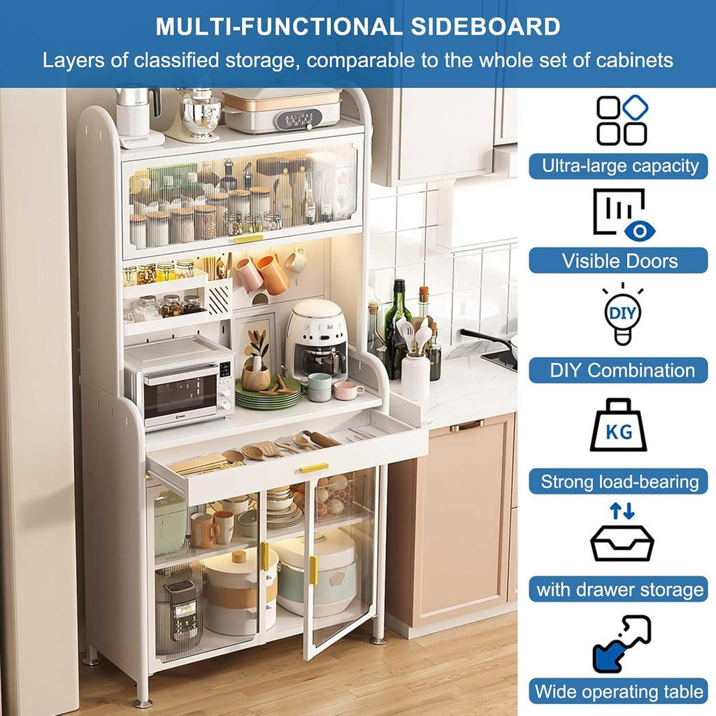 Black 5 Tier Kitchen Bakers Rack with Adjustable Shelf and Drawer 70×23.6In Pantry Storage Stand for Microwave Buffet Coffee Bar Cabinet,White,179×70cm/70×27.5in