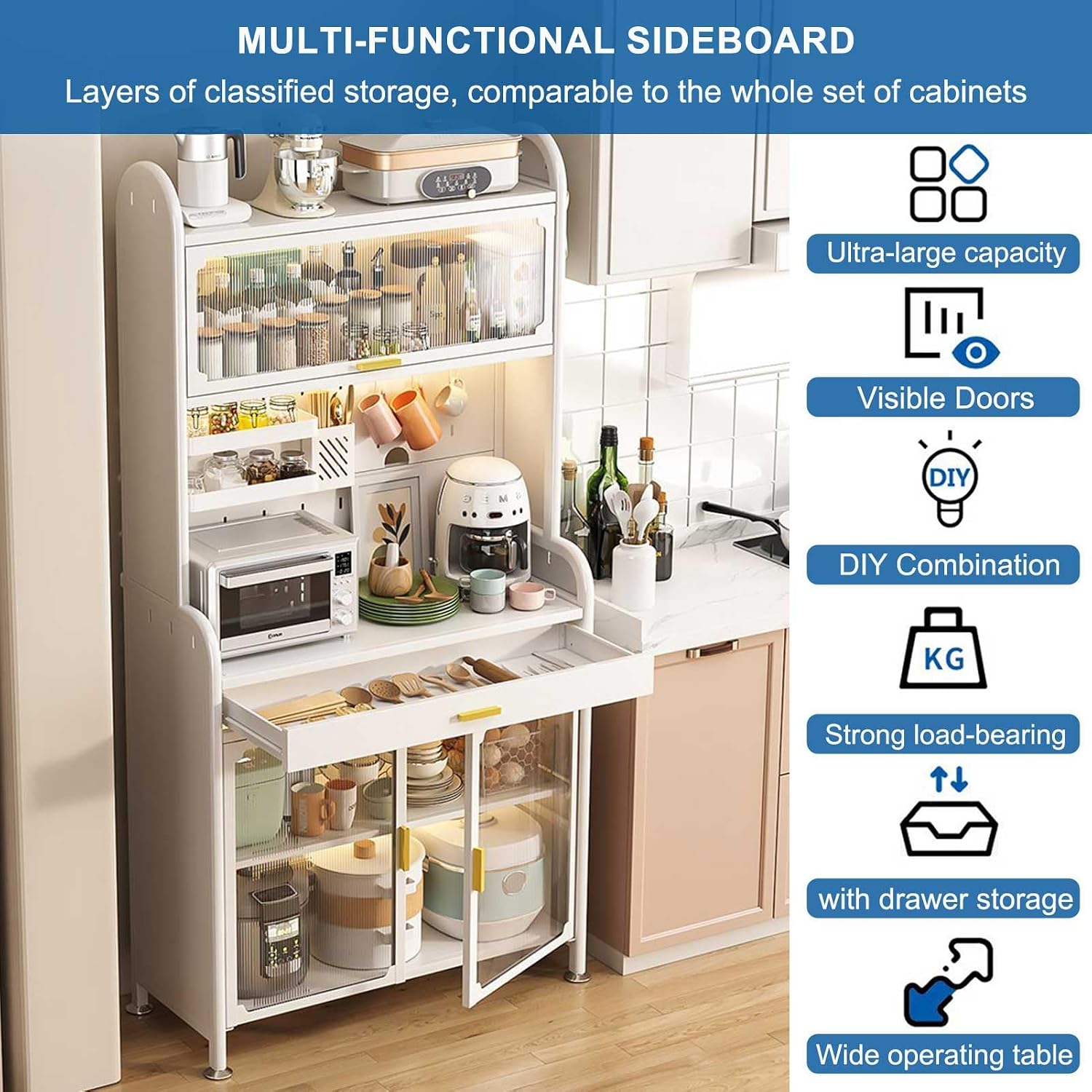 Black 5 Tier Kitchen Bakers Rack with Adjustable Shelf and Drawer 70×23.6In Pantry Storage Stand for Microwave Buffet Coffee Bar Cabinet,White,179×60cm/70×23.6in