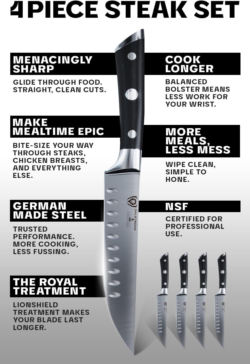 Dalstrong Serrated Steak Knives Set of 4-5 inch Straight Blade Steak Knife Set - Sheaths - Forged German Steel - Black G10 Handle - Gladiator Series Elite - Dinner Set - NSF Cuchillos para Carne