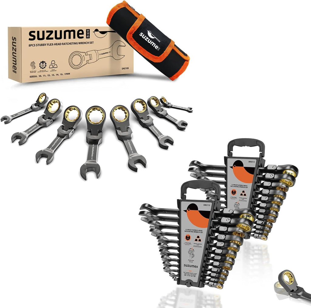SUZUME 8PCS Stubby Metric Wrenches Set (8-17mm) & 24PCS Metric and SAE Flex Head Ratcheting Wrench set