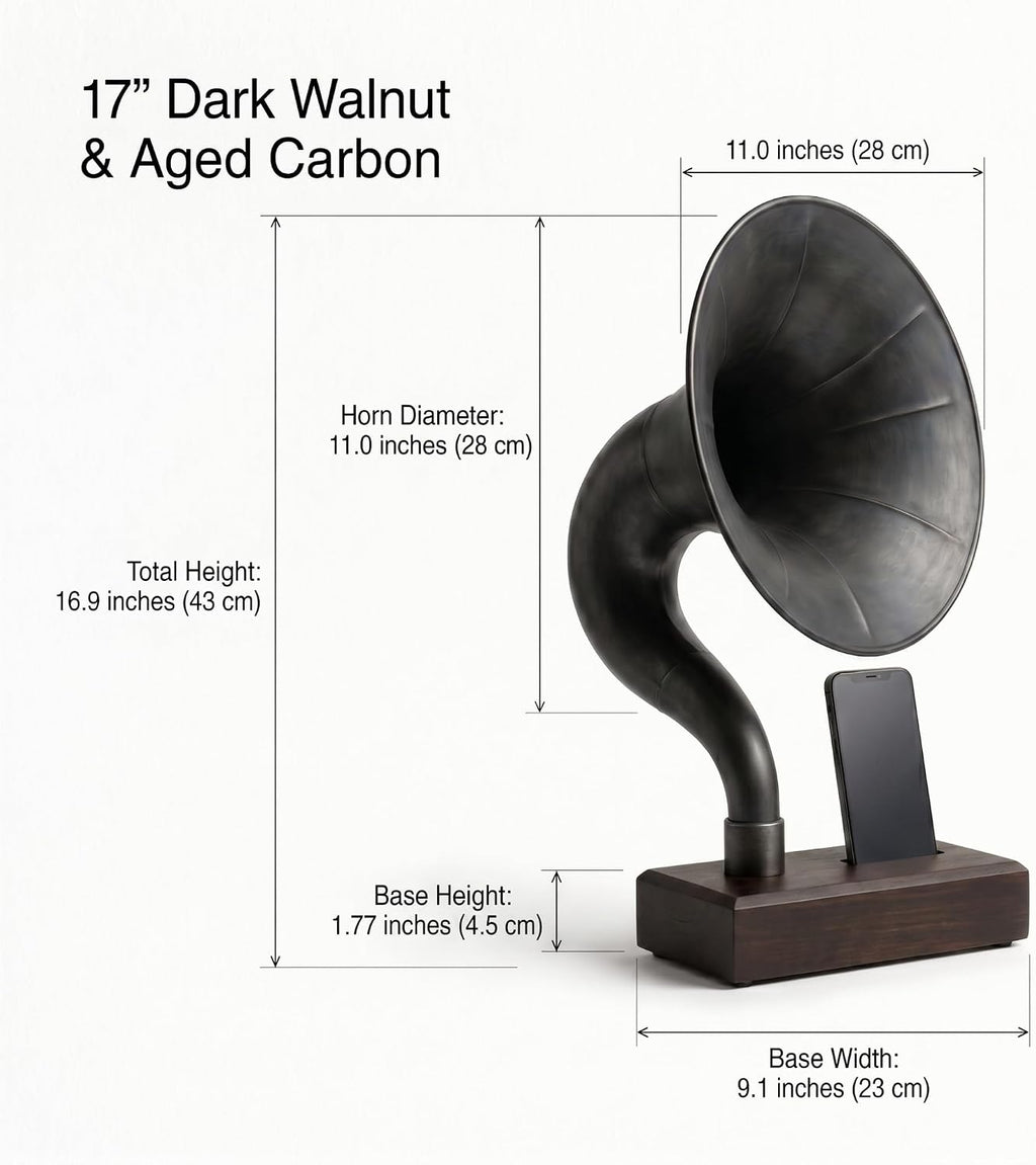 Handmade Acoustic Phone Speaker, Gramophone Phone Amplifier, Vintage Passive Speaker for Home Decor, Office Furniture Gift, Unique Handmade Smart Phone Dock - 17' Dark Walnut & Aged Carbon