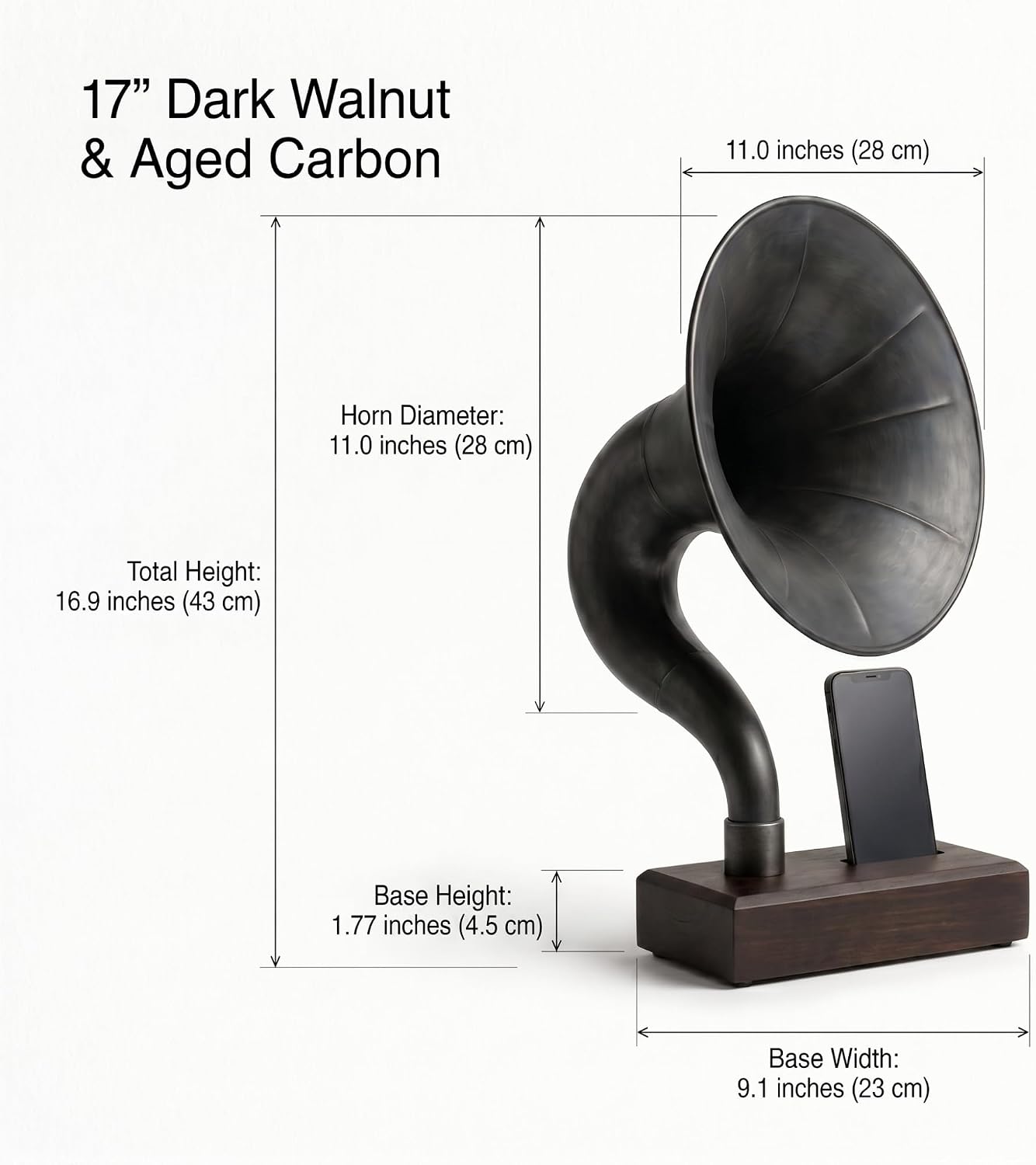 Handmade Acoustic Phone Speaker, Gramophone Phone Amplifier, Vintage Passive Speaker for Home Decor, Office Furniture Gift, Unique Handmade Smart Phone Dock - 17' Dark Walnut & Aged Carbon