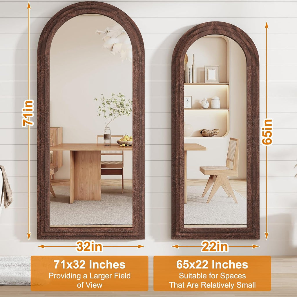 ZHUNFA External Three-Layer Arched Full Length Mirror with Solid Wood Frame,71x32 Modern Farmhouse Decor Standing Mirror Full Length,Wall Mounted,Leaning,Standing for Bedroom,Living Room,Brown.