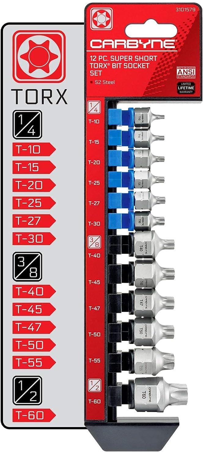 CARBYNE 4 Super Short Bit Socket Sets - 8 Piece XZN Triple Square, 9 Piece SAE Hex, 9 Piece Metric Hex AND 12 Piece Torx