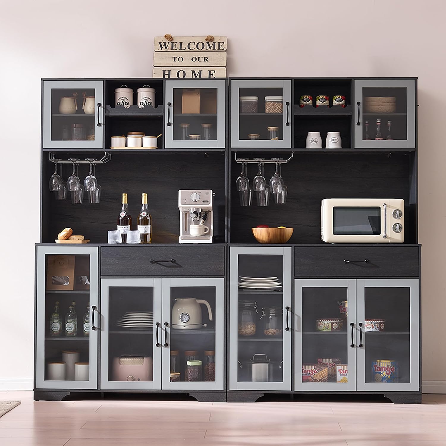 Fatmok 71' Tall Pantry Cabinet with Glass Doors, Kitchen Hutch Storage Cabinet, Coffee Bar & Liquor Cabinet with Charging Station & LED Lights, Wine Rack, Adjustable Shelves＆Large Drawer, Grey
