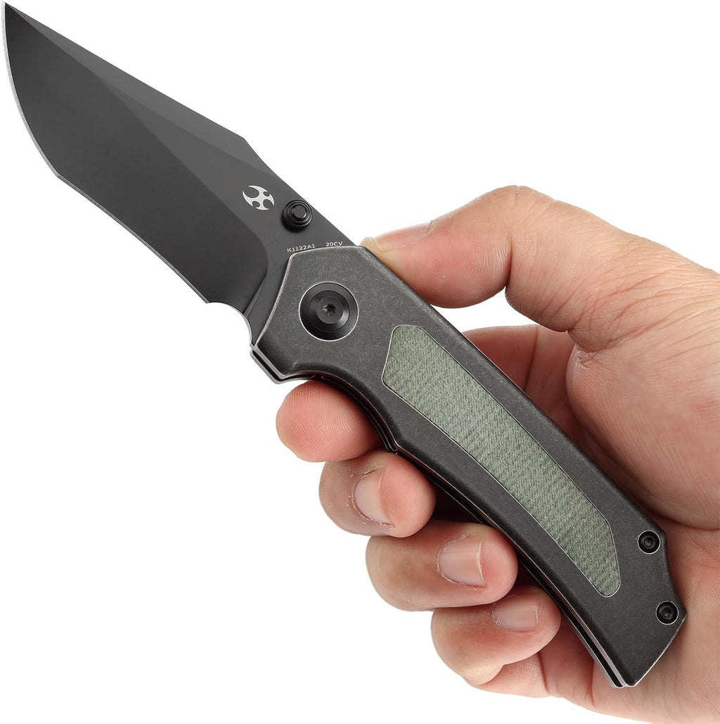 KANSEPT Fermi Pocket Folding Knives for Men Women Camping Hiking Folding Knife 3.11'' Blackwash CPM 20CV Blade EDC Knife with Green Micarta Titanium Handle Everyday Carry K1122A1