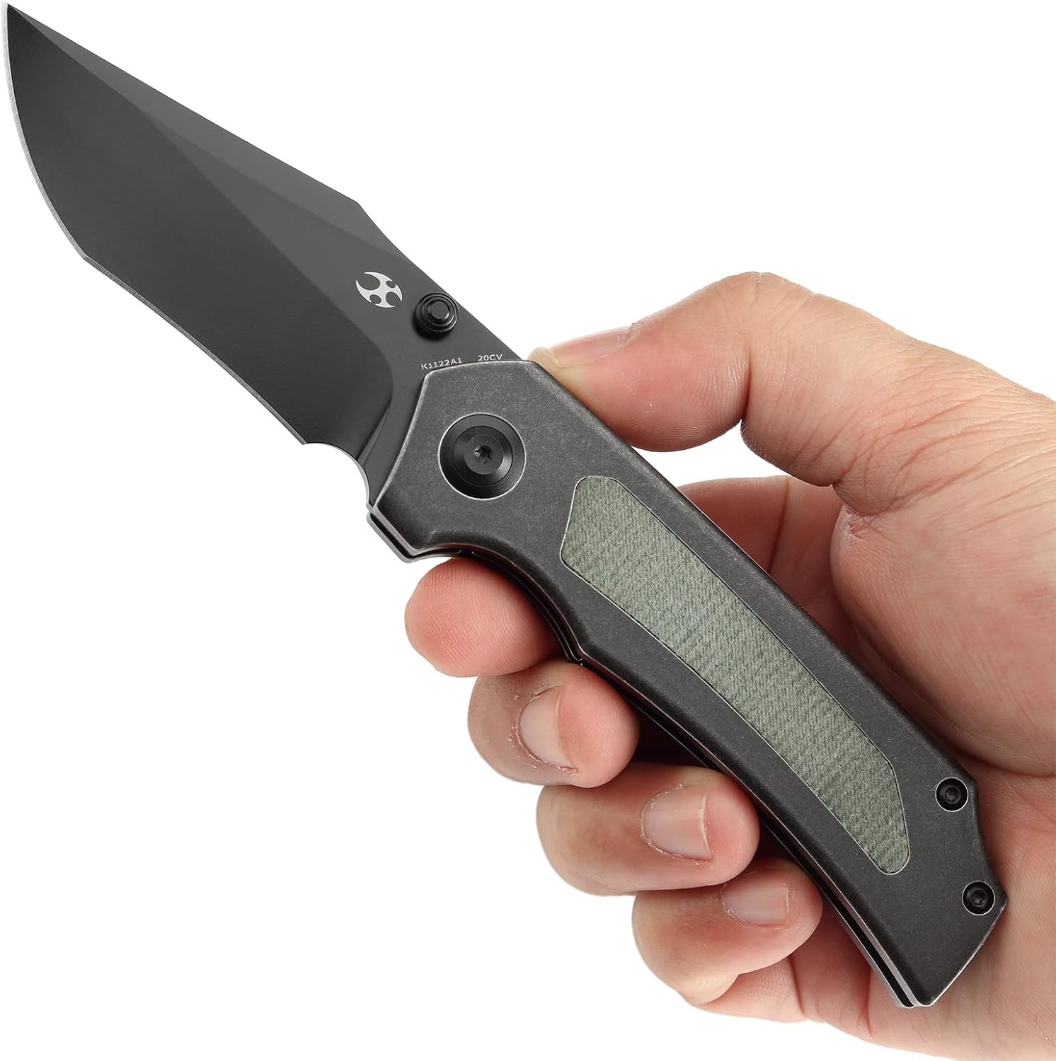 KANSEPT Fermi Pocket Folding Knives for Men Women Camping Hiking Folding Knife 3.11'' Blackwash CPM 20CV Blade EDC Knife with Green Micarta Titanium Handle Everyday Carry K1122A1