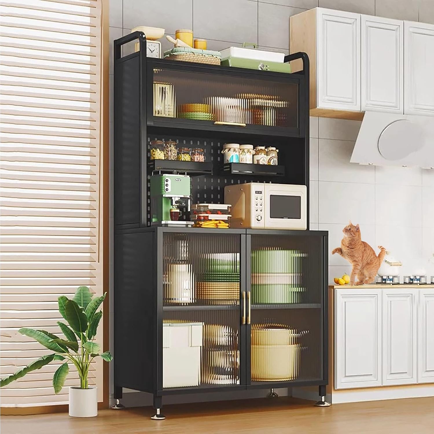 Kitchen Coffee Bar Cabinet with Storage, Bar Cabinet with Storage Kitchen Cabinet, with Drawers, 2 Spice Racks + 4 Hooks + 4 Wheels(Black,60cm)