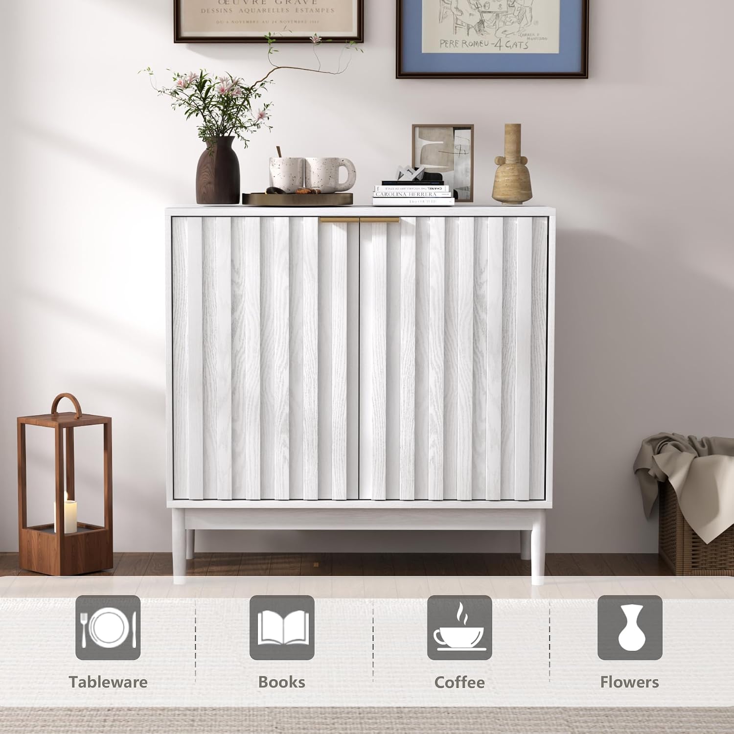 Otterease Fluted Cabinet with Storage, Buffet Cabinet Sideboard with Door, Kitchen Buffet Storage Accent Cabinets with Adjustable Shelves for Living Room, Entry, Hallway, White