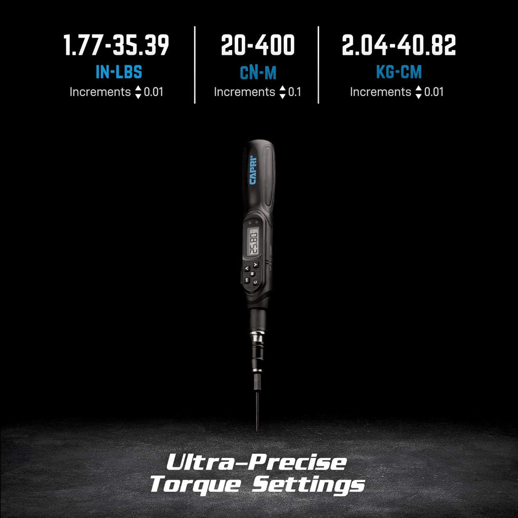 Capri Tools Digital Torque Screwdriver, Dual Direction, 1.77-35.39 in. lbs./20-400 cNm/2.04-40.82 kg-cm, 26000