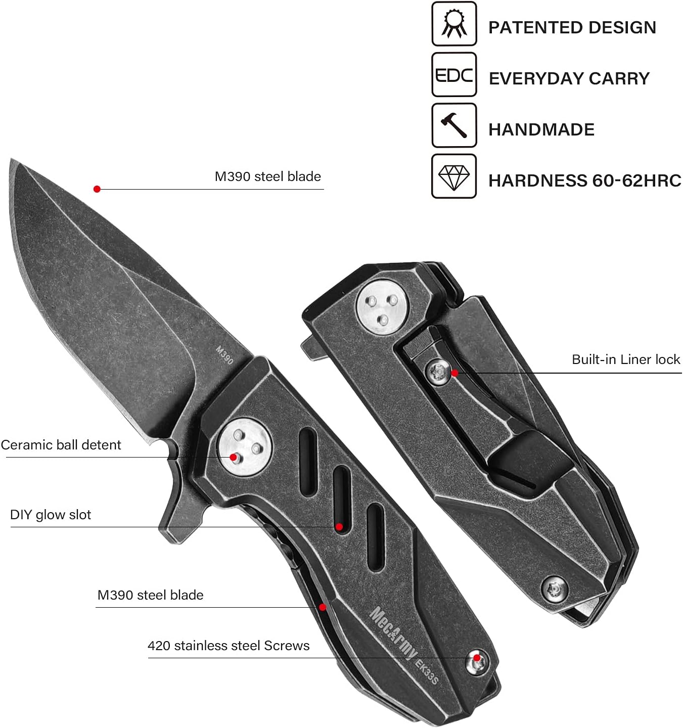 MecArmy EK33S Mini Pocket Folding Knife with Clip, One Hand Quick Opening Knives with Liner Lock for Men Titanium Handle M390 Blade EDC Knife, Aluminum EDC box and Kydex sheath included (Black)