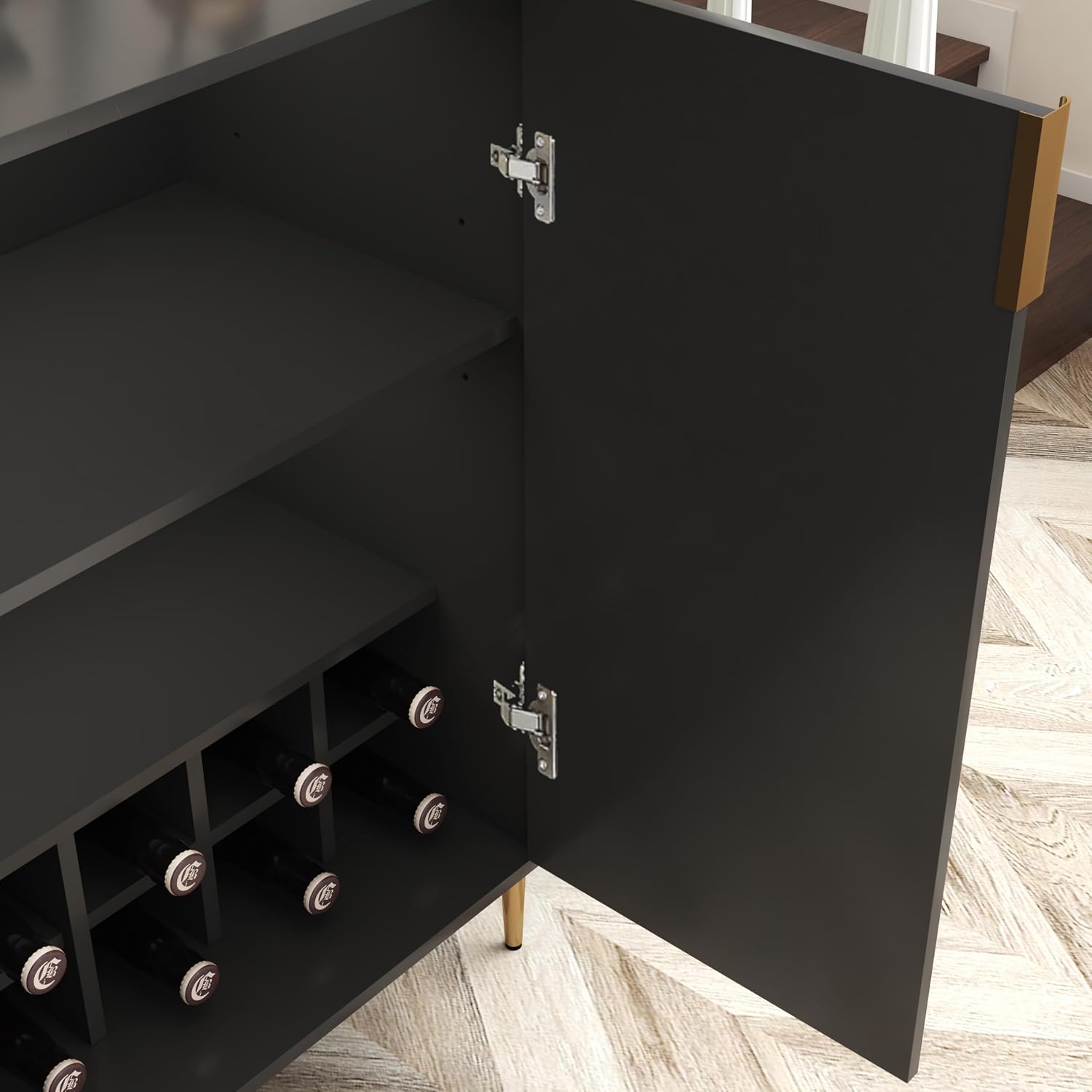 39' Moisture-Resistant Freestanding Storage Cabinet, Kitchen Storage Bakers Rack with Soft-Closing Hinge, Utility Food Cupboard with Wine Bottle Holder for Kitchen Dining Living Room, Black