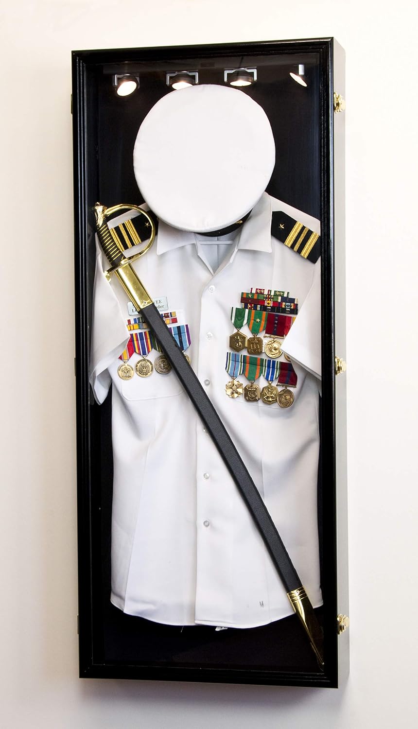 sfDisplay.com,LLC. Military Shadow Box Display Case Uniform Cap Hat Sword Medals Cabinet Wall Frame - Lockable (Black Finish, Black Felt Background)