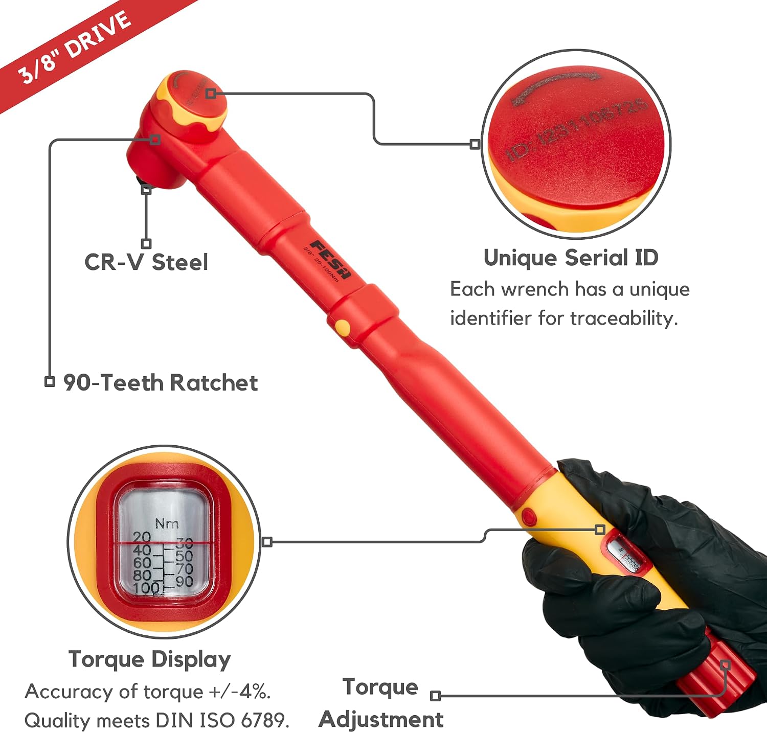 FESA Electrician Insulated Torque Wrench - 1000V Electrician Torque Wrench w/Easy Torque Adjustment & Scale Display - Each Insulated Wrench Has ID for Traceability (3/8' Drive, 20-100 Nm Range)