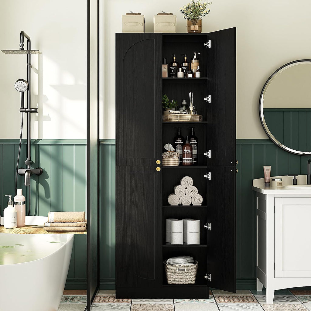 Cyclysio 80' Kitchen Pantry, Extra Tall Arch Storage Cabinet with 4 Soft Close Doors and Adjustable Shelves, Freestanding Wood Cupboard with Seamless Fit Wall for Dining Living Room (Black, 1 Pack)