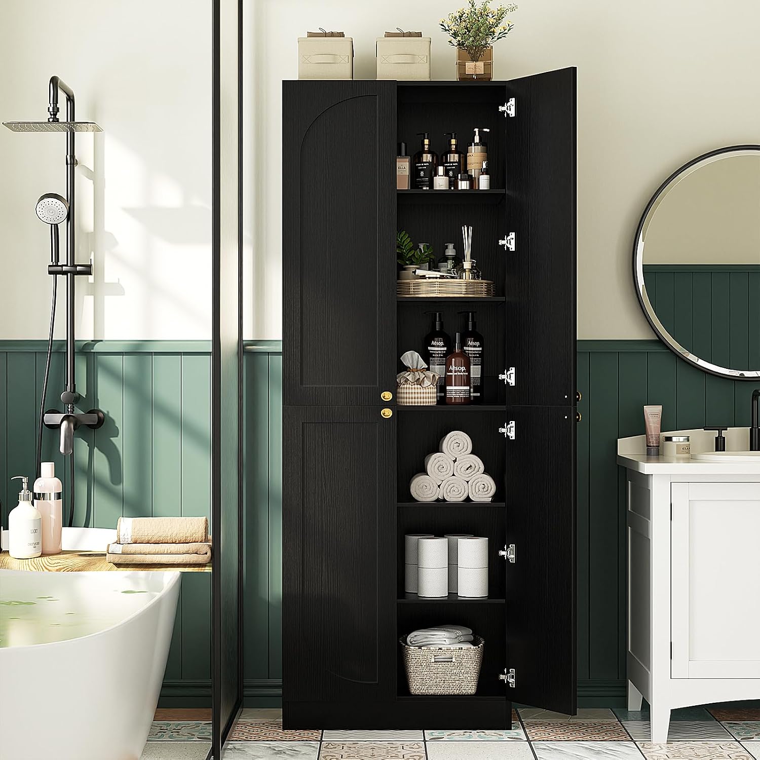 Cyclysio 80' Kitchen Pantry, Extra Tall Arch Storage Cabinet with 4 Soft Close Doors and Adjustable Shelves, Freestanding Wood Cupboard with Seamless Fit Wall for Dining Living Room (Black, 1 Pack)