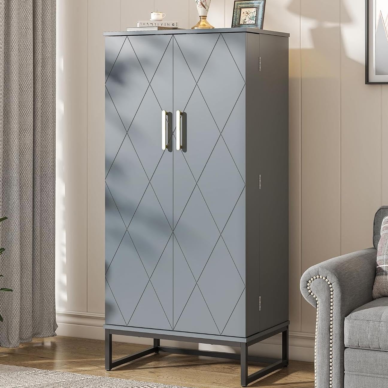 kepptory Grey Pantry Cabinet with Golden Metal Base, 51' Freestanding Kitchen Storage Cabinet, Adjustable Shelves Food Pantry Organization for Kitchen, Living Room, Hallway, Tall Pantry Cabinet