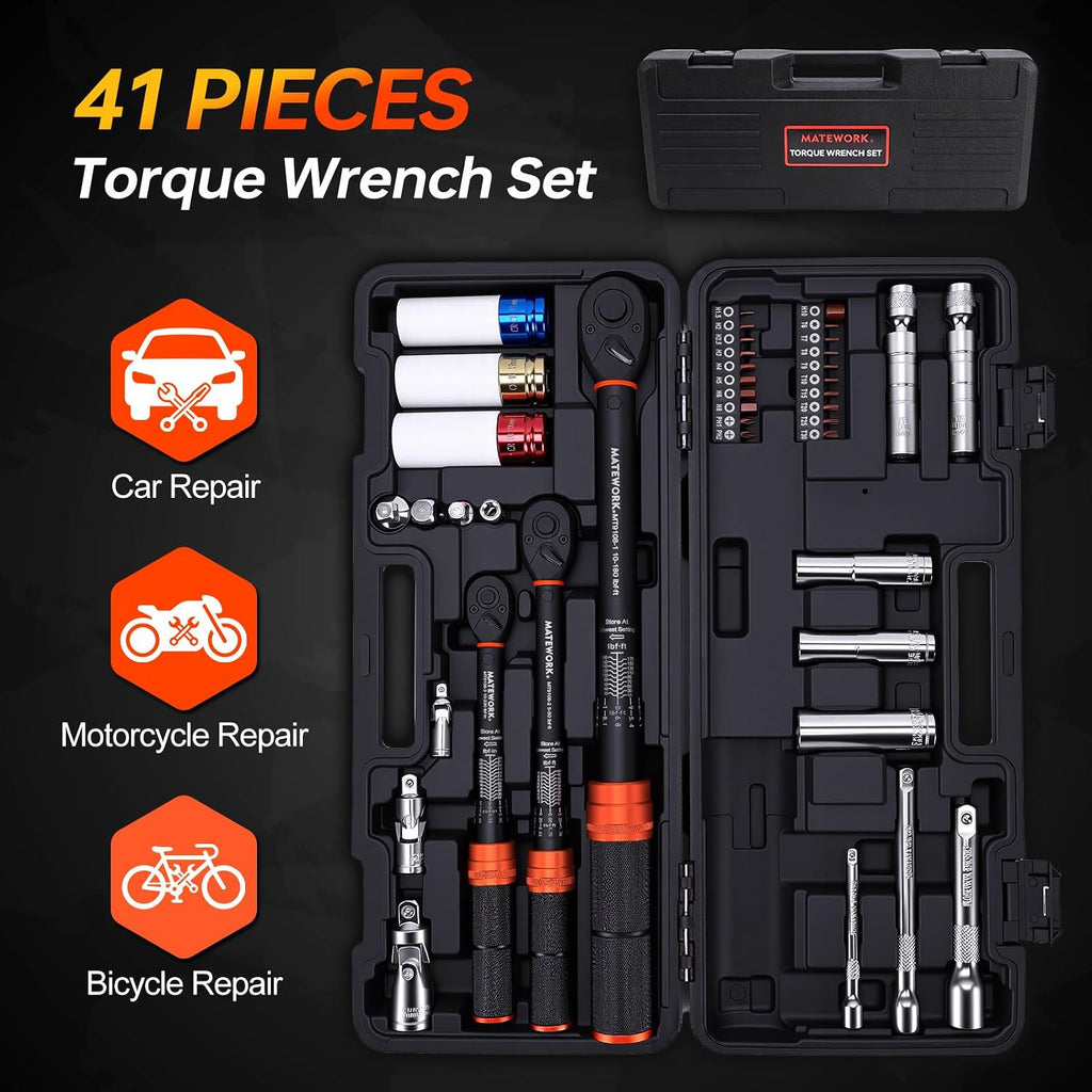 41PCS Torque Wrench Set 1/4 3/8 1/2-Inch Drive, Complete Click Torque Wrench Kit with Sockets, Bits, Extension Bars & Adapters, ±3% Accuracy 72-Tooth Dual-Scale Wrenches for Bike, Moto, Car, Truck