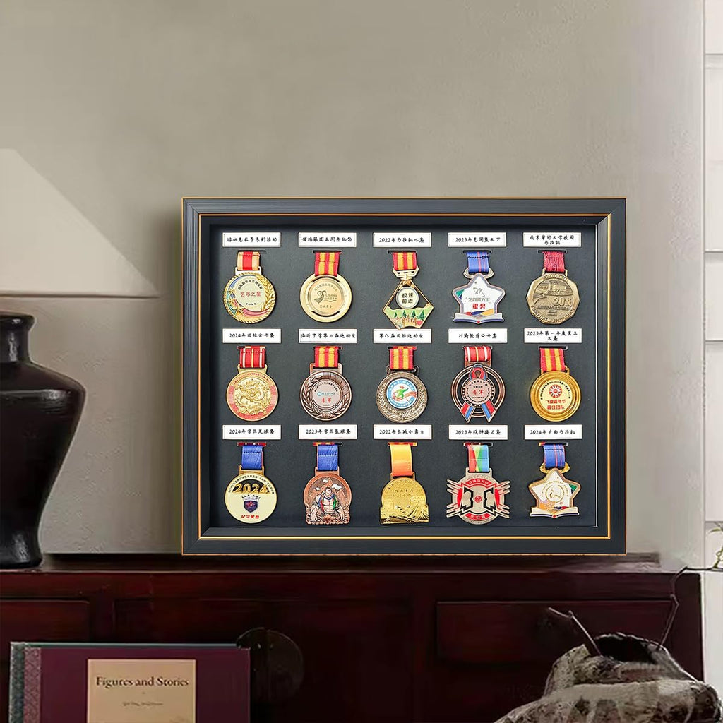 Medals Framed - Medal Display Box - 3D Medal Box Photo Frame Marathon Medal Display Stand, Handwritten Label to Record Event Information, Triathlon, Football Gymnastics, All Sports Medals Badges