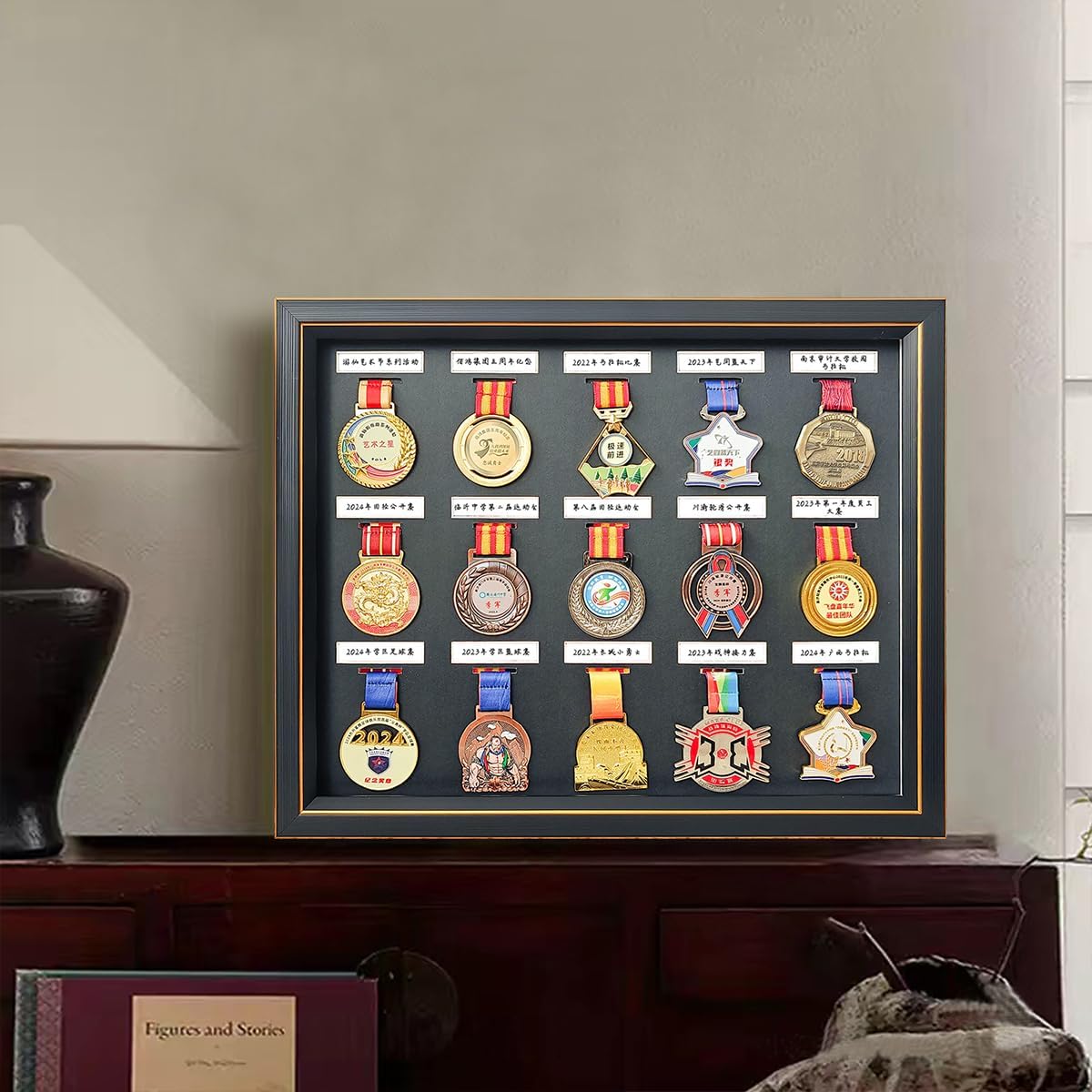 Medals Framed - Medal Display Box - 3D Medal Box Photo Frame Marathon Medal Display Stand, Handwritten Label to Record Event Information, Triathlon, Football Gymnastics, All Sports Medals Badges