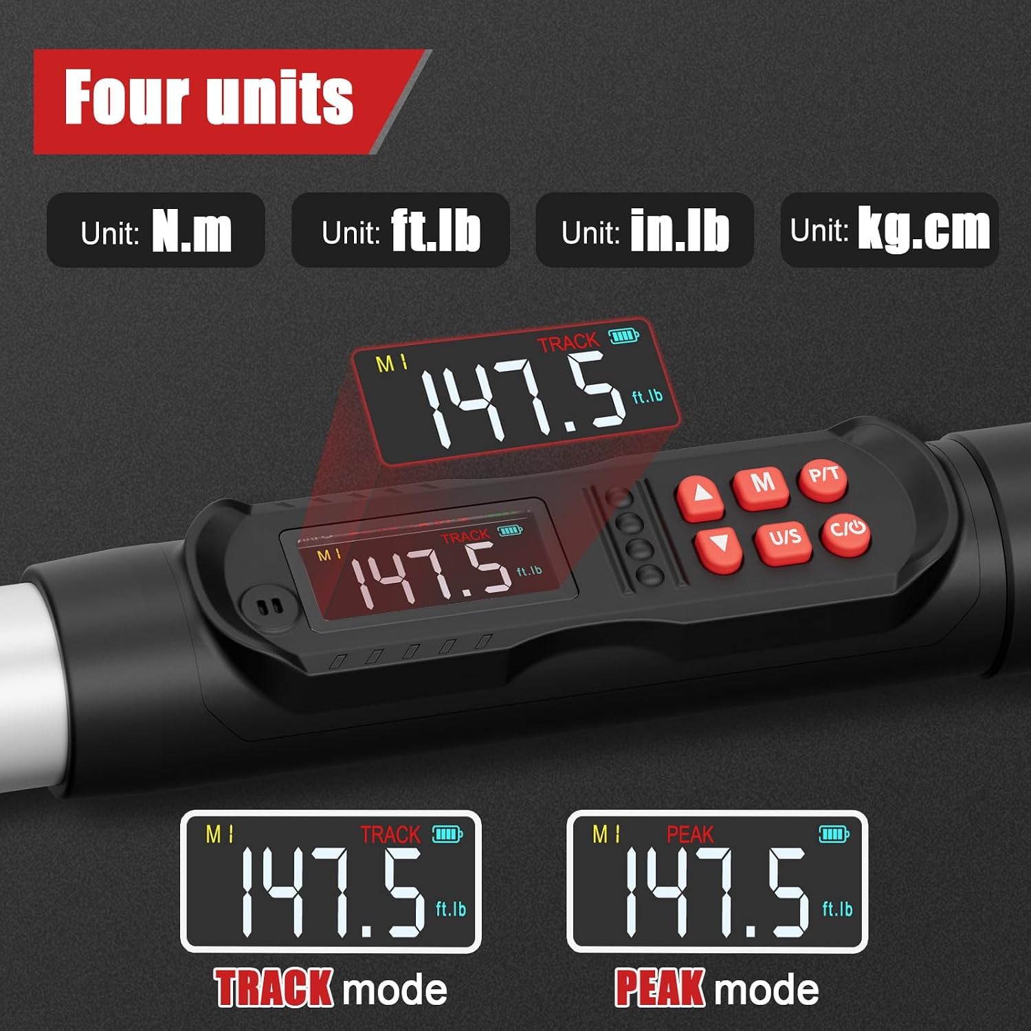 VANPO Adjustable Digital Torque Wrench, 7.4-147.5Ft.lb/10-200Nm, ±2% Accuracy, HVAC Torque Wrench Interchangeable 38mm Jaw & 1/2' Ratchet, Buzzer, Vibration and LED Alert for Split AC, Car