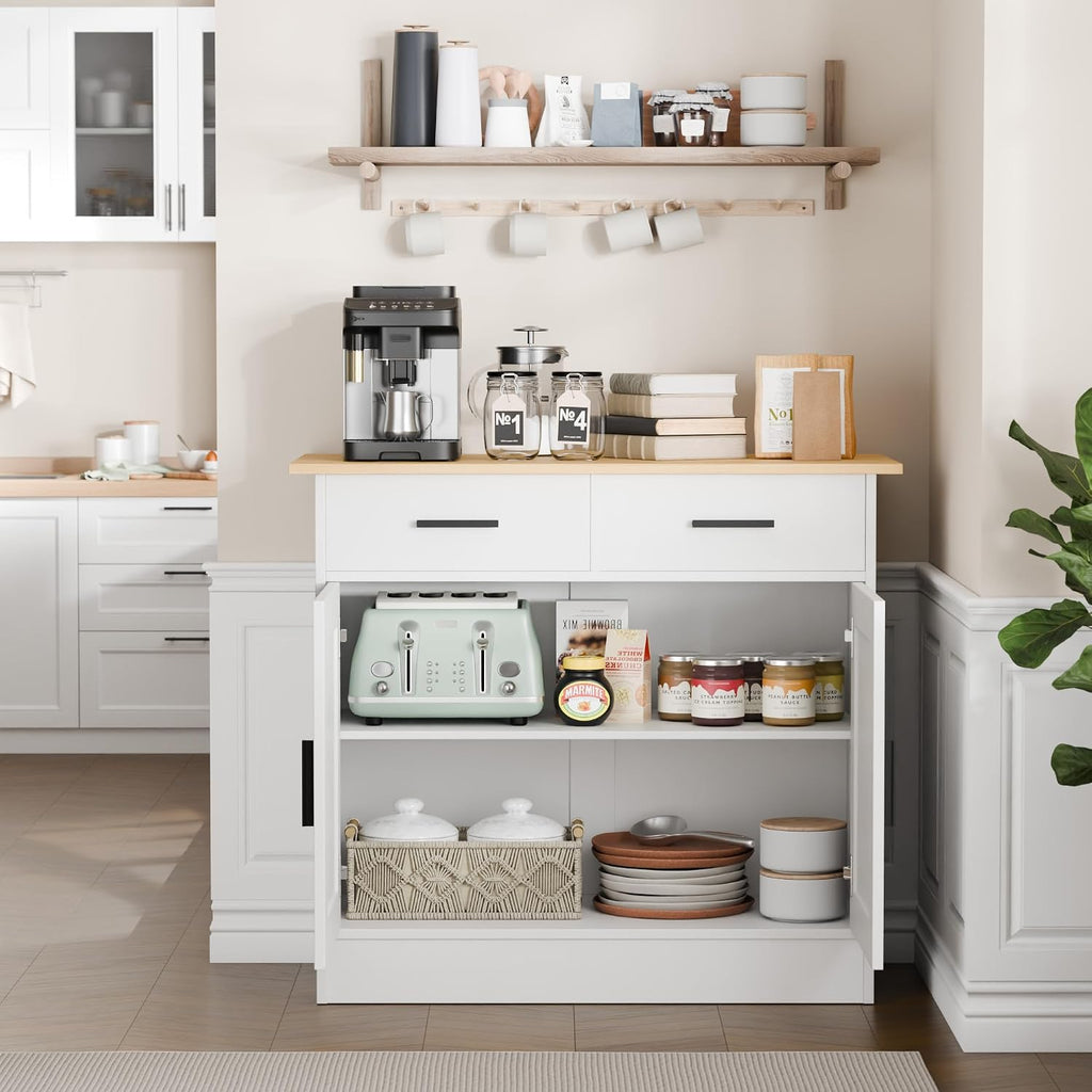 Buffet Cabinet with Storage - Buffets & Sideboards Kitchen Storage Cabinet, Wood Console Table Coffee Bar Accent Cabinets for Living Room Dining Room Entryway Small 2 Doors & Drawers, White 35.4'W